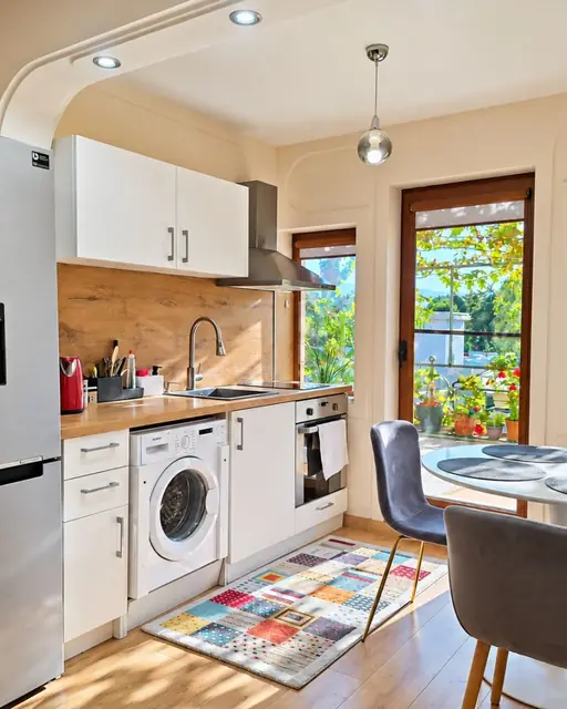 Kitchen with washing machine and balcony door, Sunny Balcony